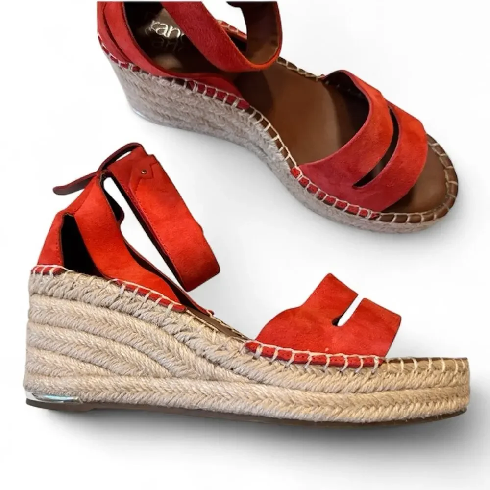 Franco Sarto Orange Leather Espadrille Wedge Sandals Womens 8.5 Platform Beachy